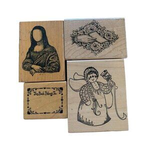 Four Rubber Stamp Lot Angel Design Mona Lisa Hand Frame Wood Mounted